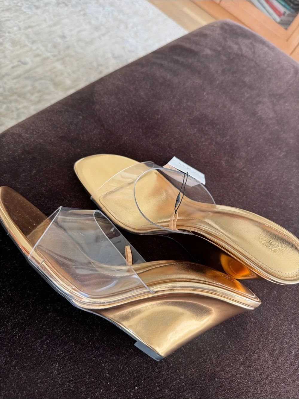 Zara Clear Strap Gold Wedge Mules